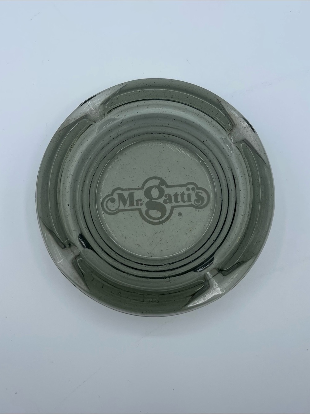 Vintage Smoky Black Glass Ashtray Mr. Gatti's Pizza Restaurant Diner Style